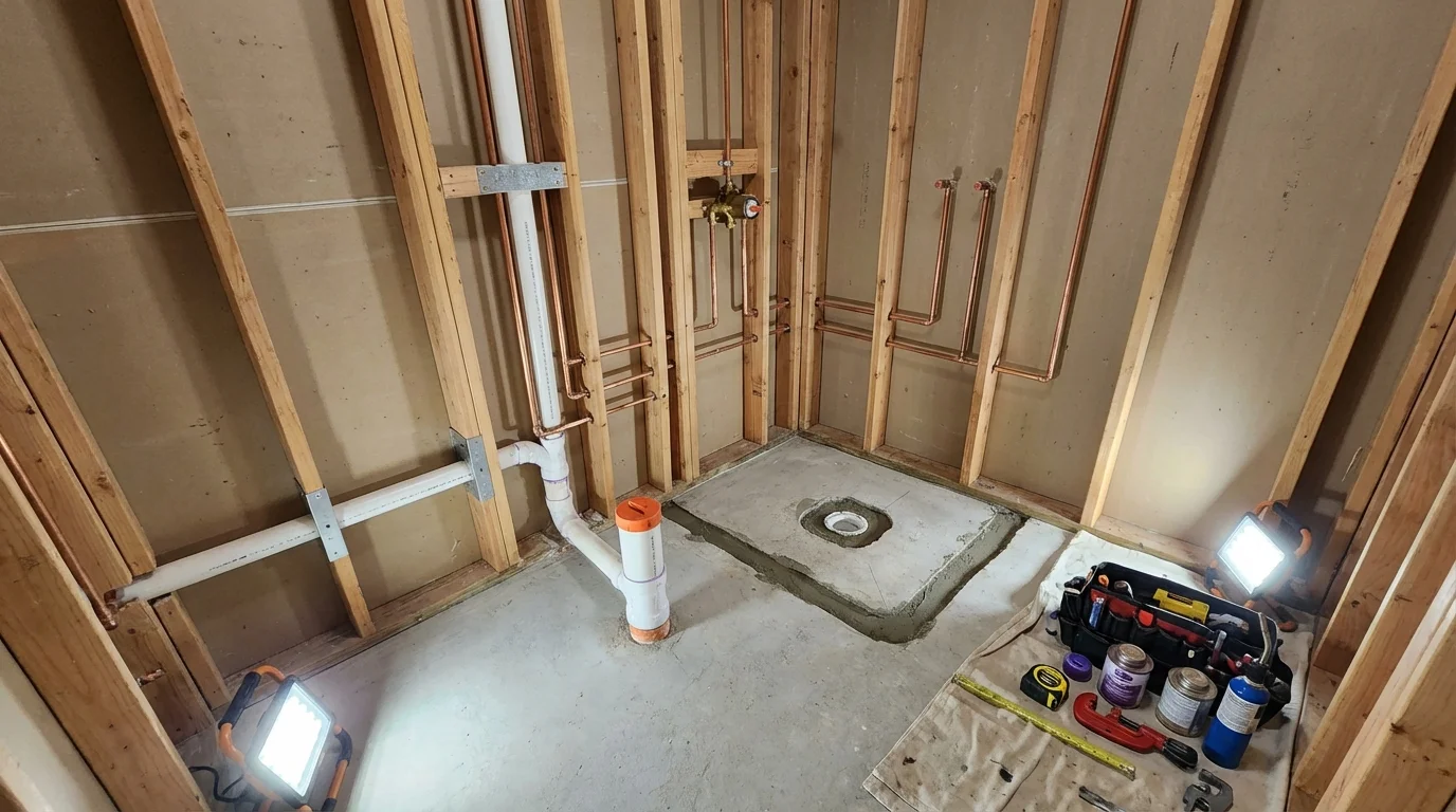 Bathroom rough-in plumbing during remodel by Johns Plumbing LLC in Berryville