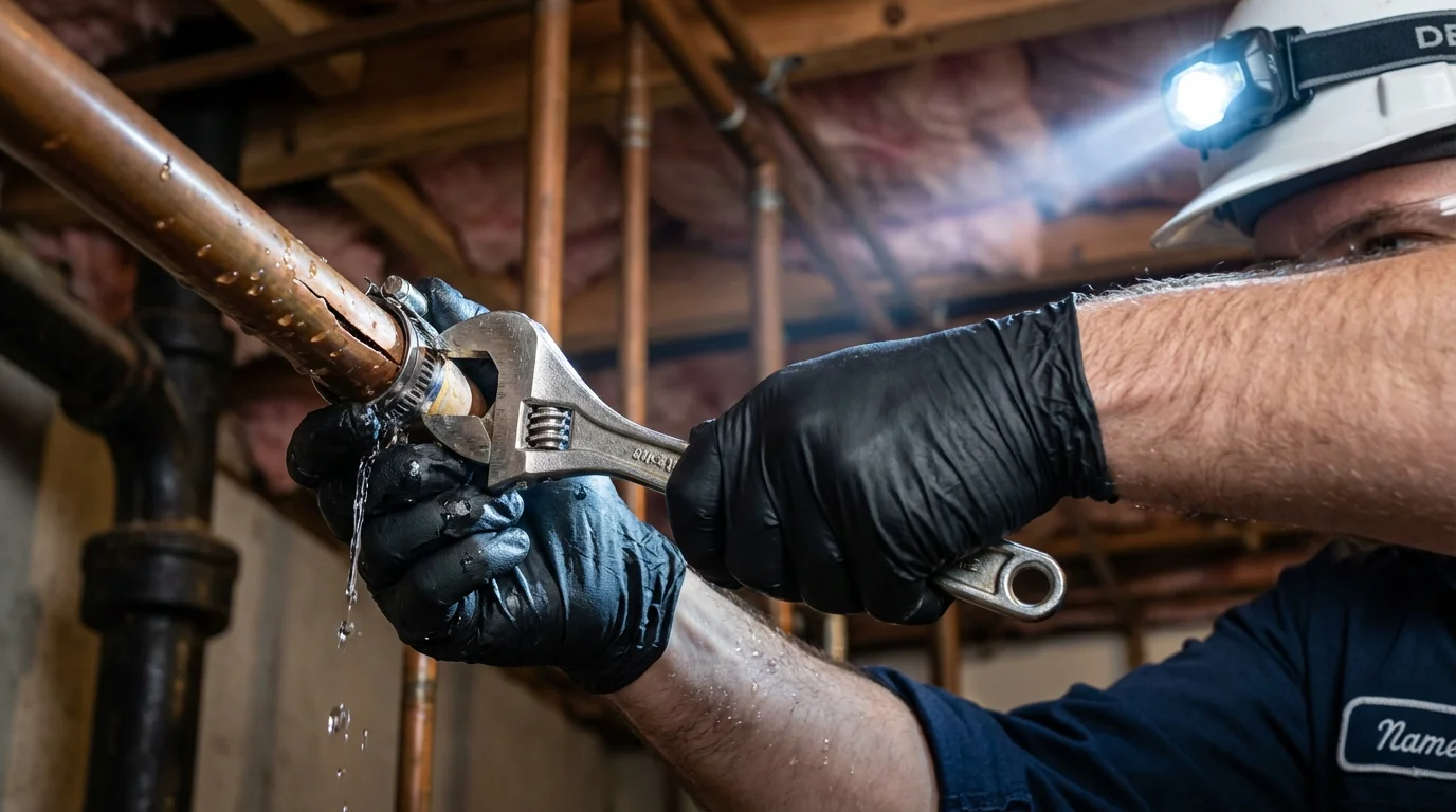 Emergency pipe clamp repair being performed by a Johns Plumbing LLC plumber in Berryville