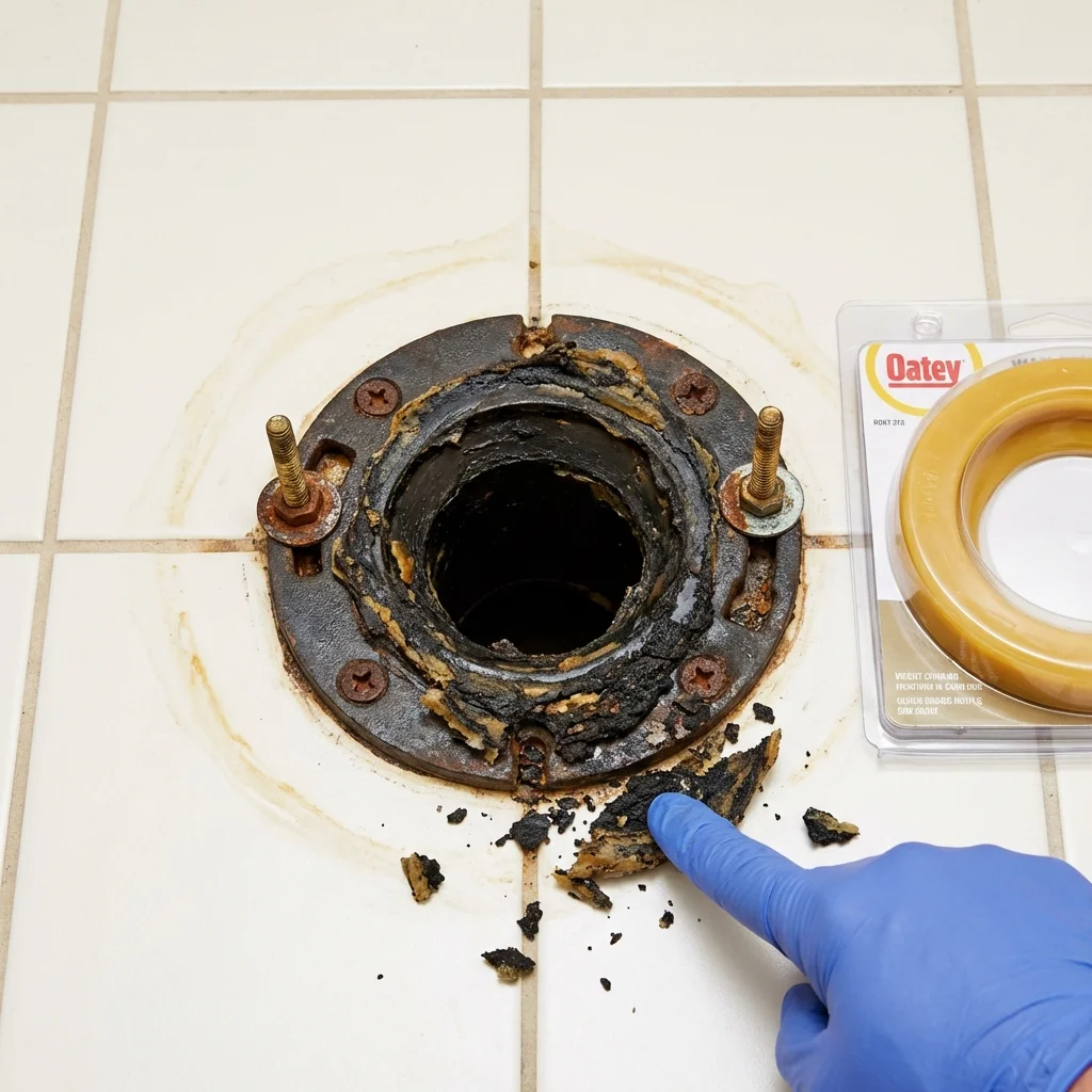 Failed wax ring showing water seepage at the base of a toilet in a Berryville, AR home